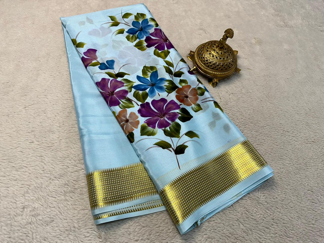 Graceful Navy Blue Soft Silk Saree In Semi Mysore Weave With Rich Zari Details