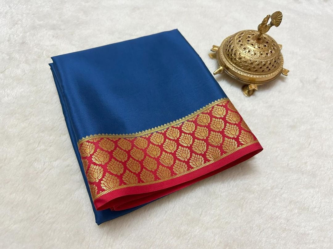 Opulent Blue And Peach Semi Mysore Silk Saree With Ethnic Zari Patterns