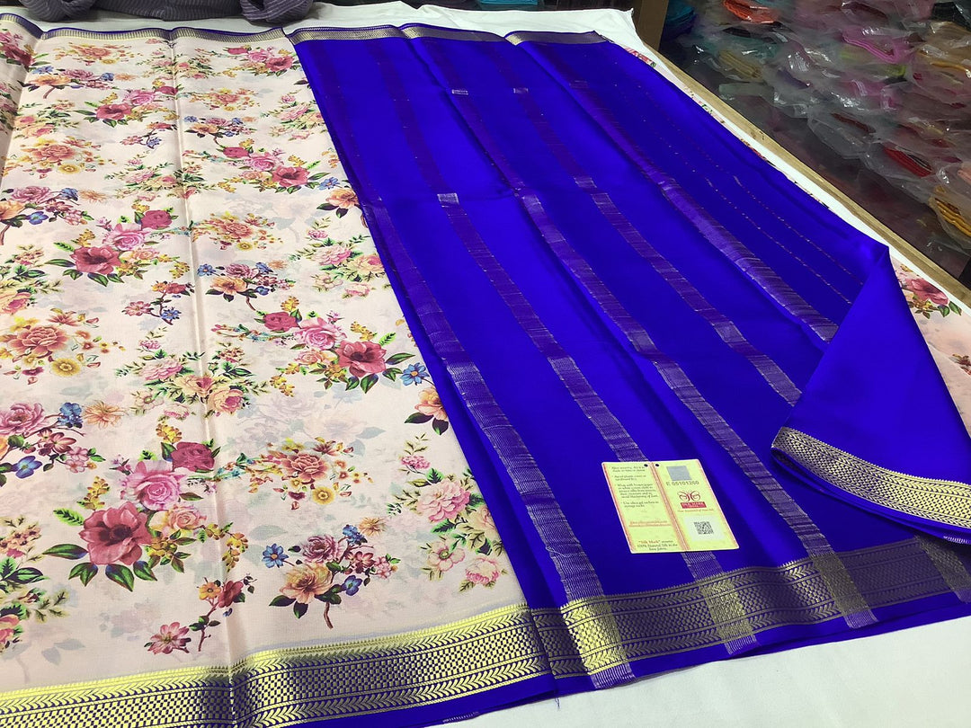 Glamorous Blue And White Semi Mysore Silk Saree With Artistic Zari Finish