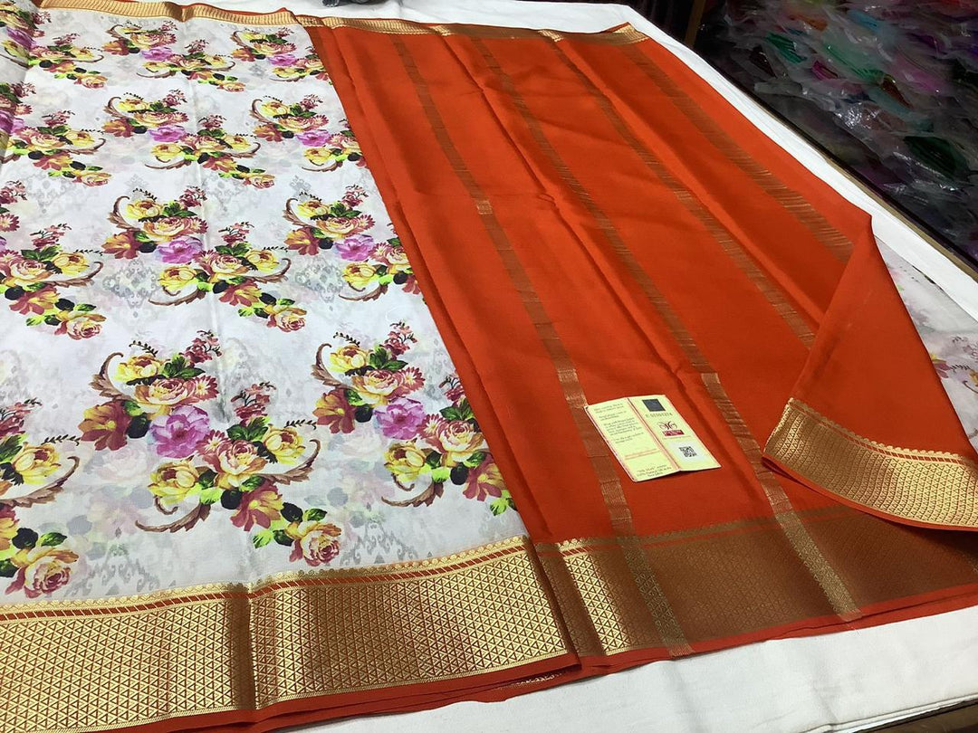 Exclusive Pure Crepe Printed Mysore Silk Sarees