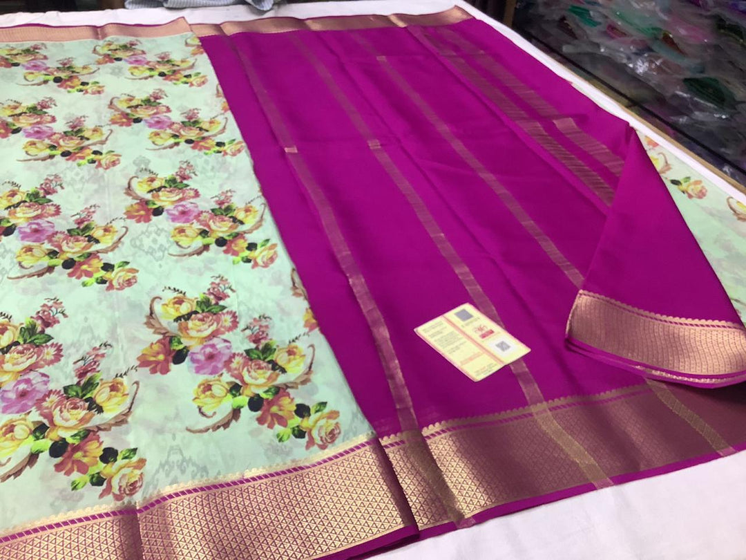 Designer Digital Printed Pure Crepe Saree In Classic Mysore Silk Weave