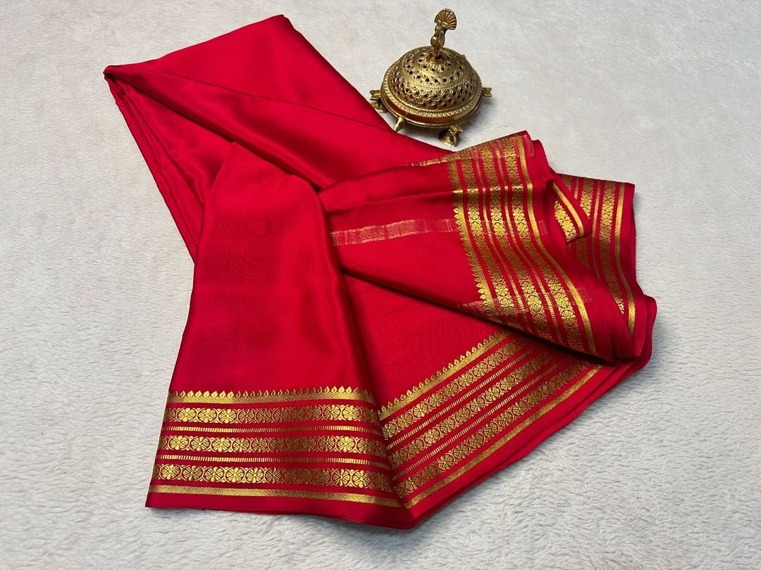 Charming Red Pure Mysore Silk Saree With Traditional Zari Accents