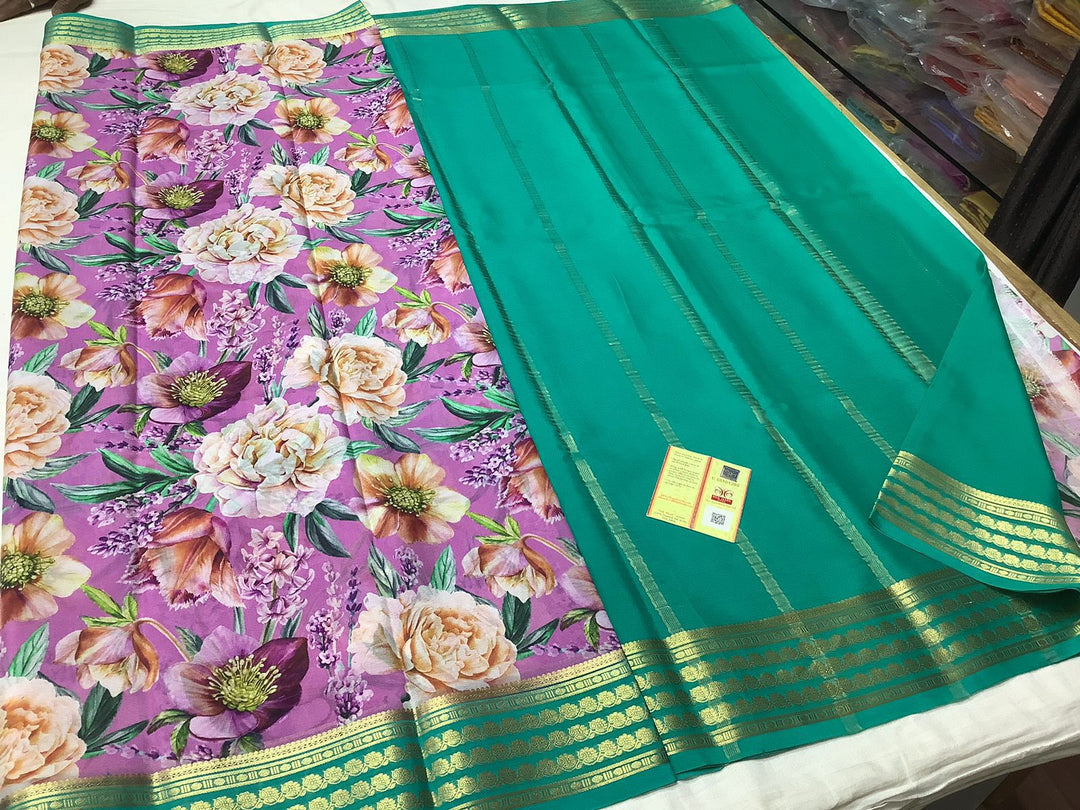 Exclusive pure crepe printed mysore silk sarees