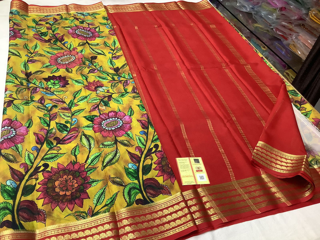 Exclusive pure crepe printed mysore silk sarees