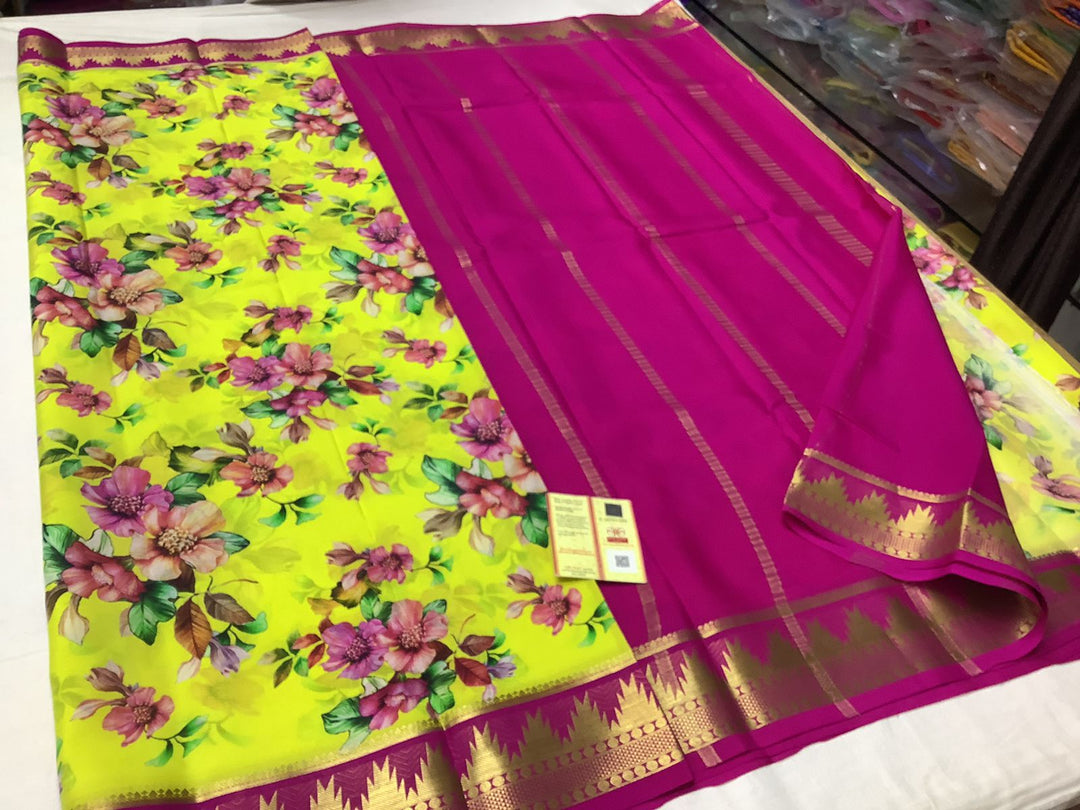 Exclusive pure crepe printed mysore silk sarees