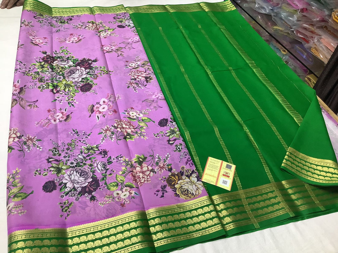 Exclusive pure crepe printed mysore silk sarees