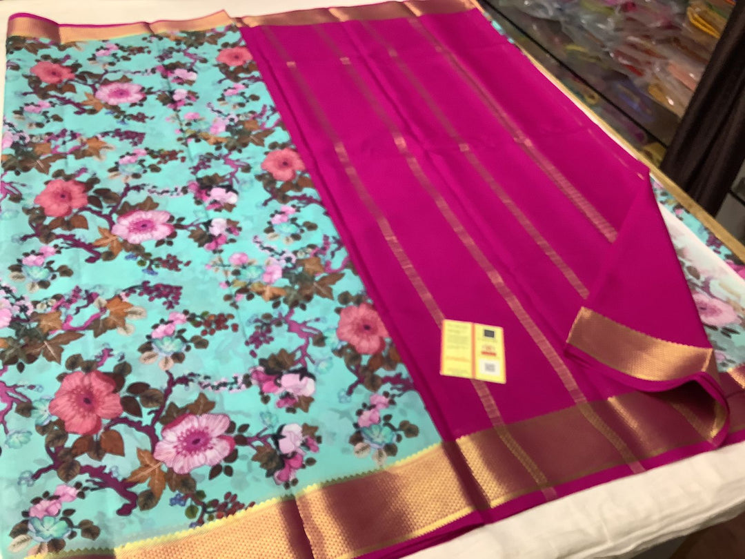 Exclusive pure crepe printed mysore silk sarees