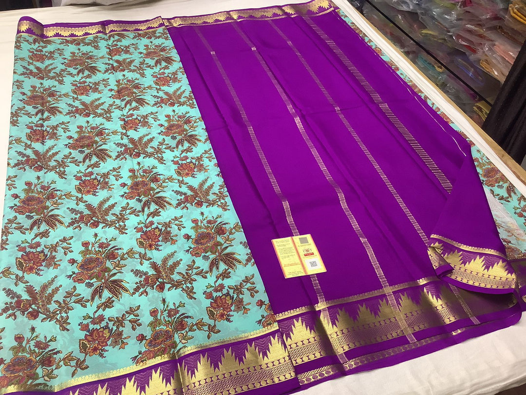 Exclusive pure crepe printed mysore silk sarees