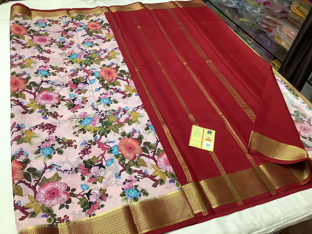 Exclusive pure crepe printed mysore silk sarees