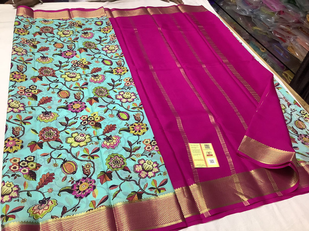 Exclusive pure crepe printed mysore silk sarees