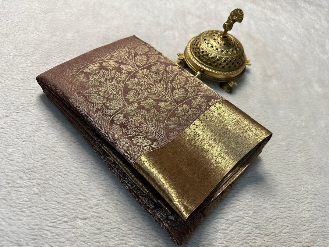 Regal Brown Pure Mysore Silk Saree With Heritage Weave And Blouse Fabric