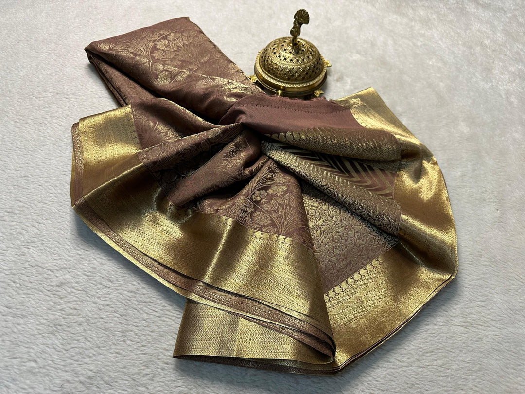 Regal Brown Pure Mysore Silk Saree With Heritage Weave And Blouse Fabric