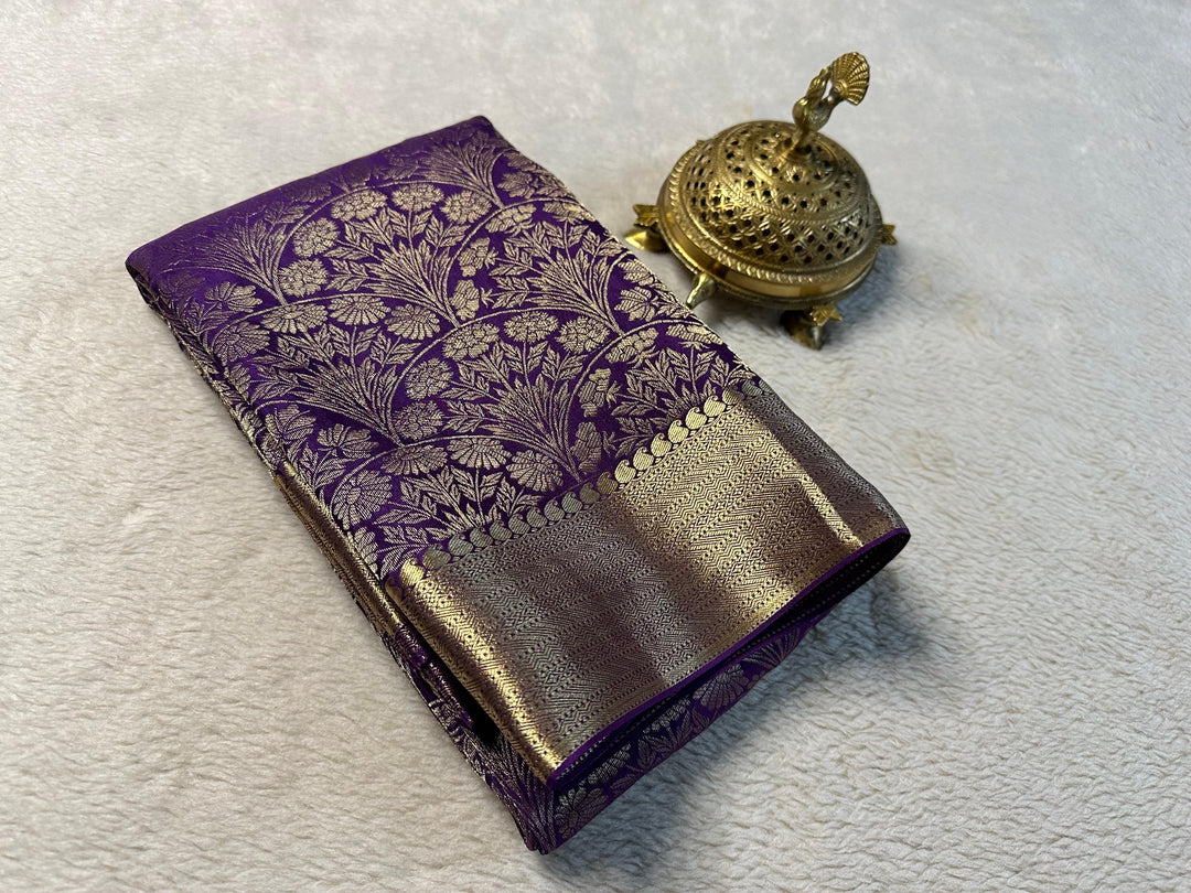 Graceful Purple Traditional Pure Mysore Silk Saree With Matching Unstitched Blouse
