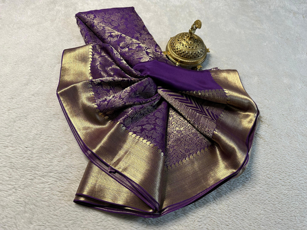 Graceful Purple Traditional Pure Mysore Silk Saree With Matching Unstitched Blouse