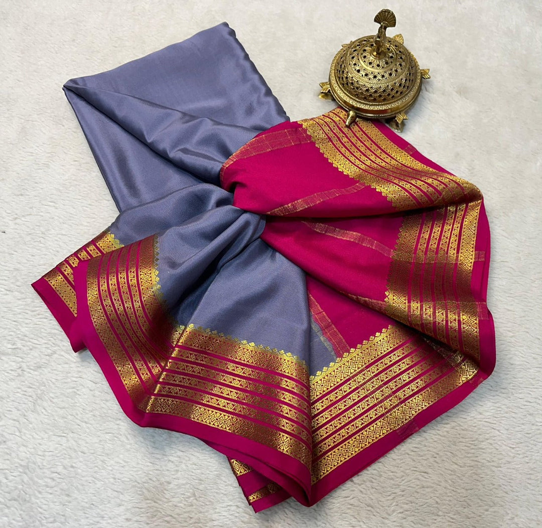 Classic Grey Pure Mysore Silk Saree Traditional Elegance