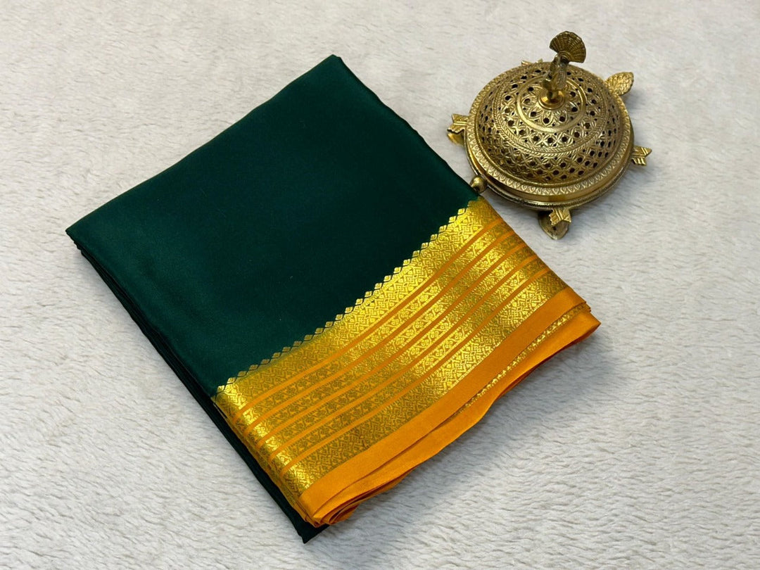 Vibrant Dark Green Pure Mysore Silk Saree Traditional Soft Finish