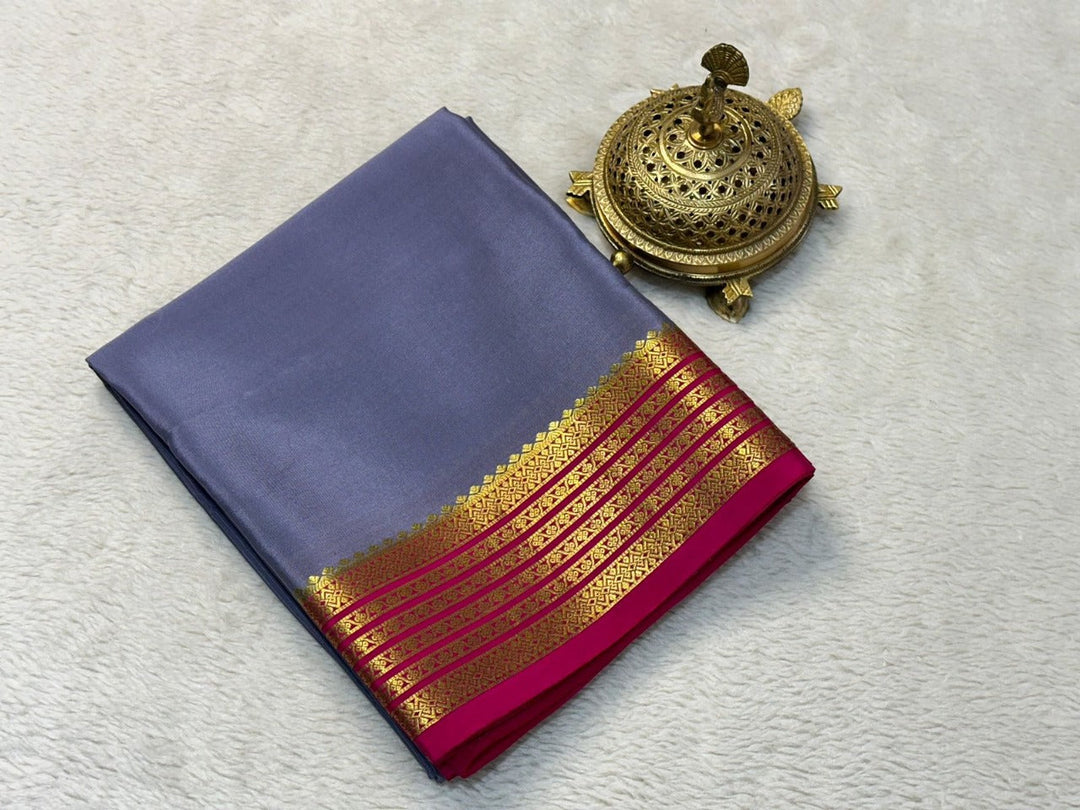 Classic Grey Pure Mysore Silk Saree Traditional Elegance