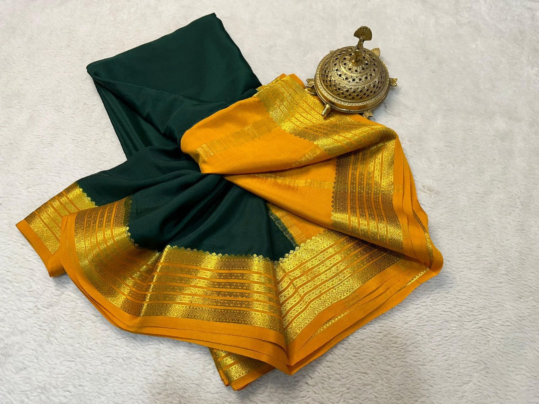 Vibrant Dark Green Pure Mysore Silk Saree Traditional Soft Finish