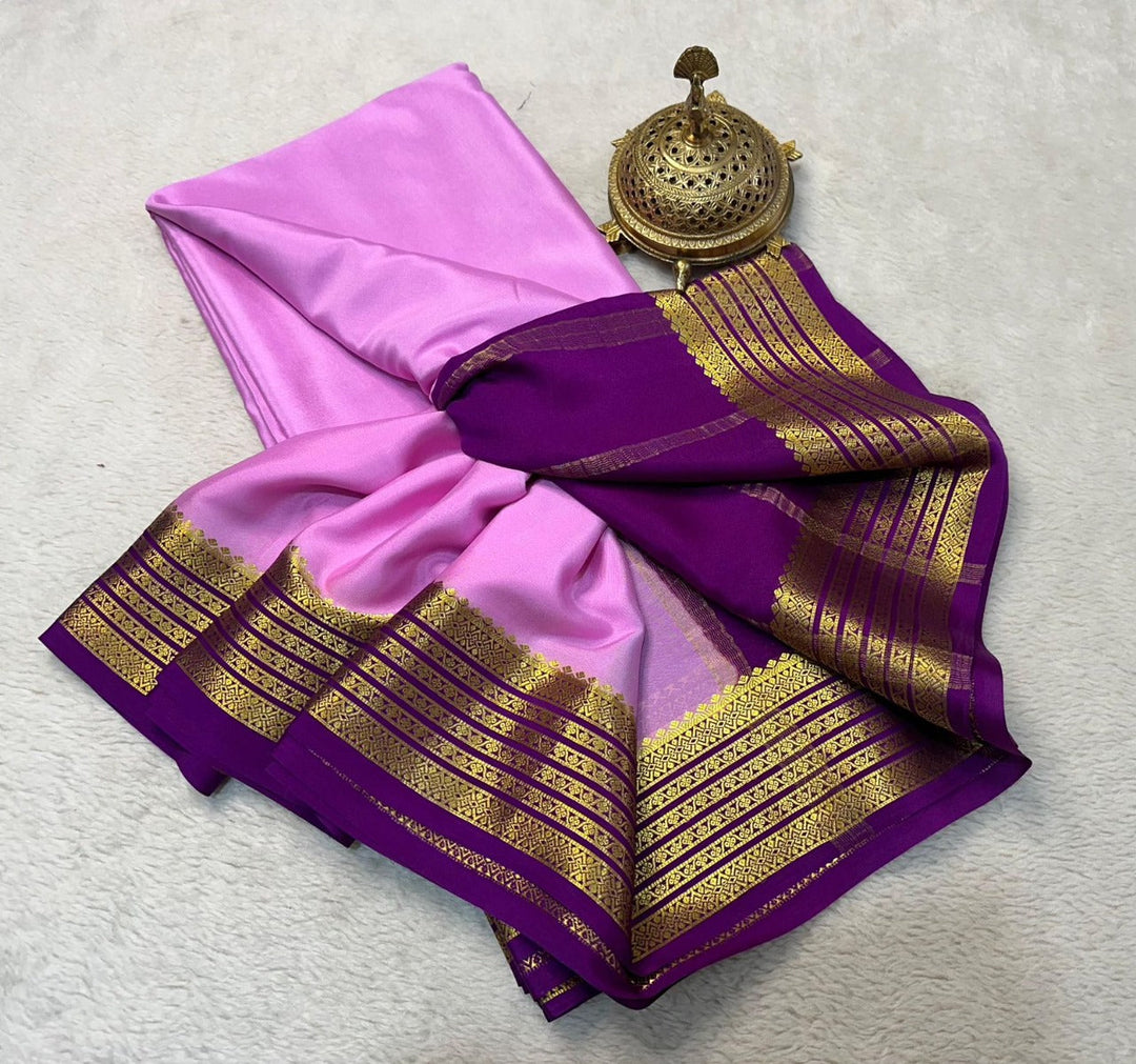 Authentic Pink Traditional Mysore Saree Pure Soft Silk Weave