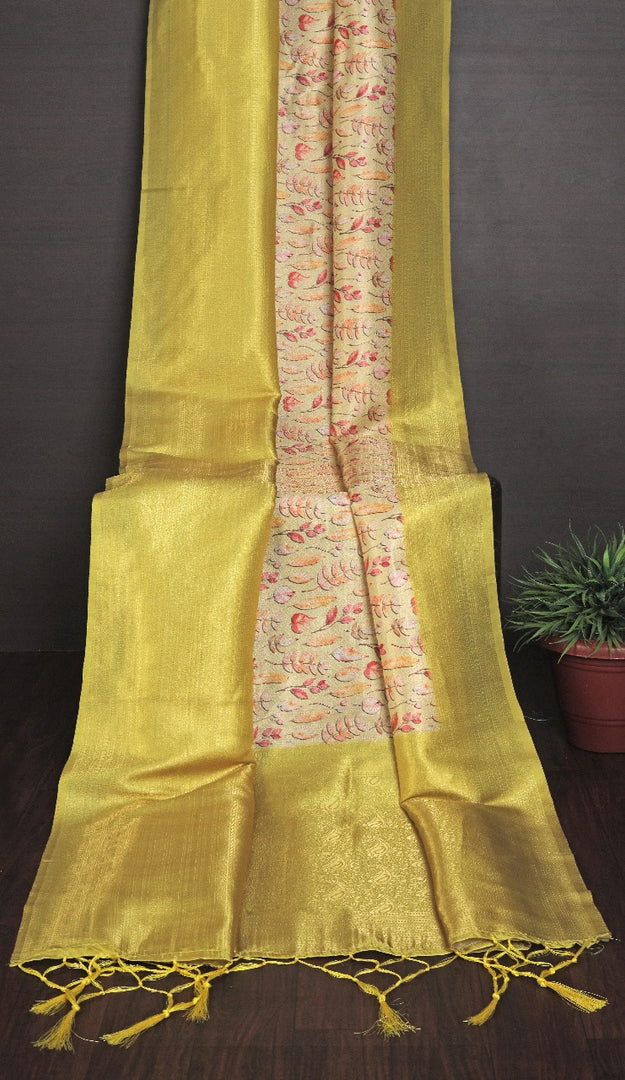 💕Kanchi Printed handloom Soft Silk Saree in yellow colour