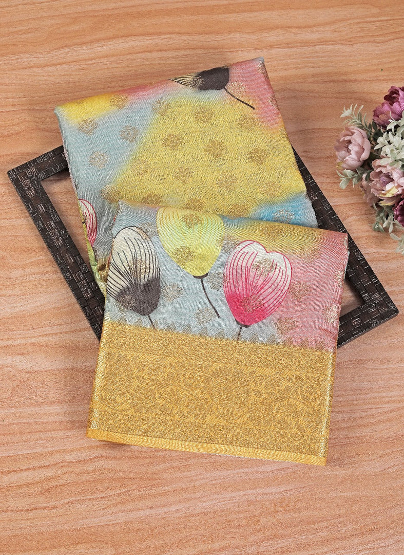 Fashionable Dark Yellow Digital Print Crepe Saree With Matching Designer Blouse