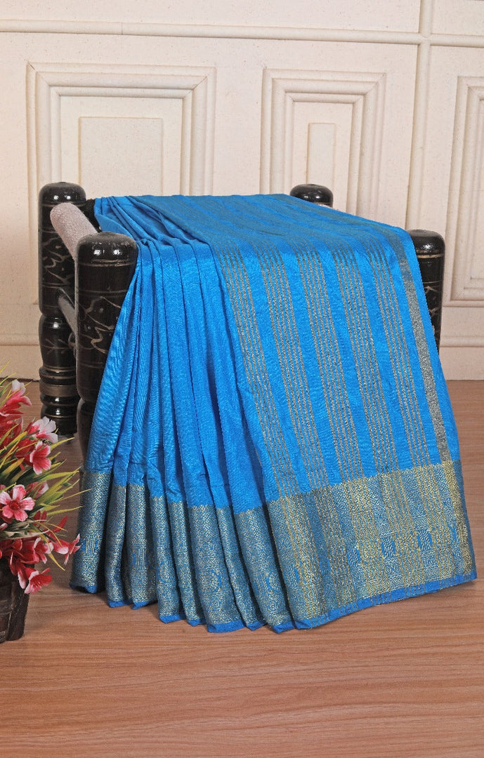 Elegant Sky Blue Mysore Silk Saree With Golden Zari Work