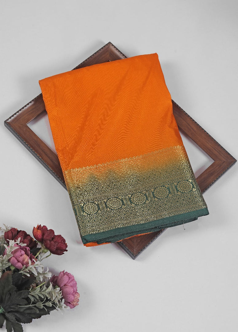 Luxury Orange Mysore Silk Saree With Shimmering Golden Zari