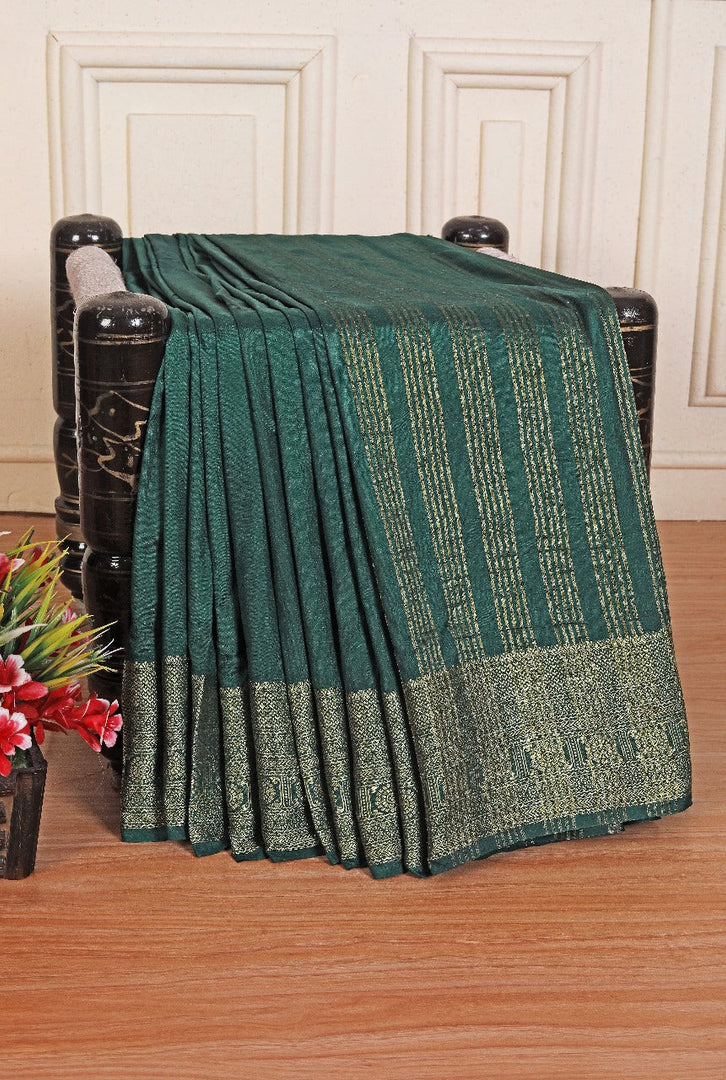 Soft Silk Dark Green Saree With Golden Crepe Zari Weave