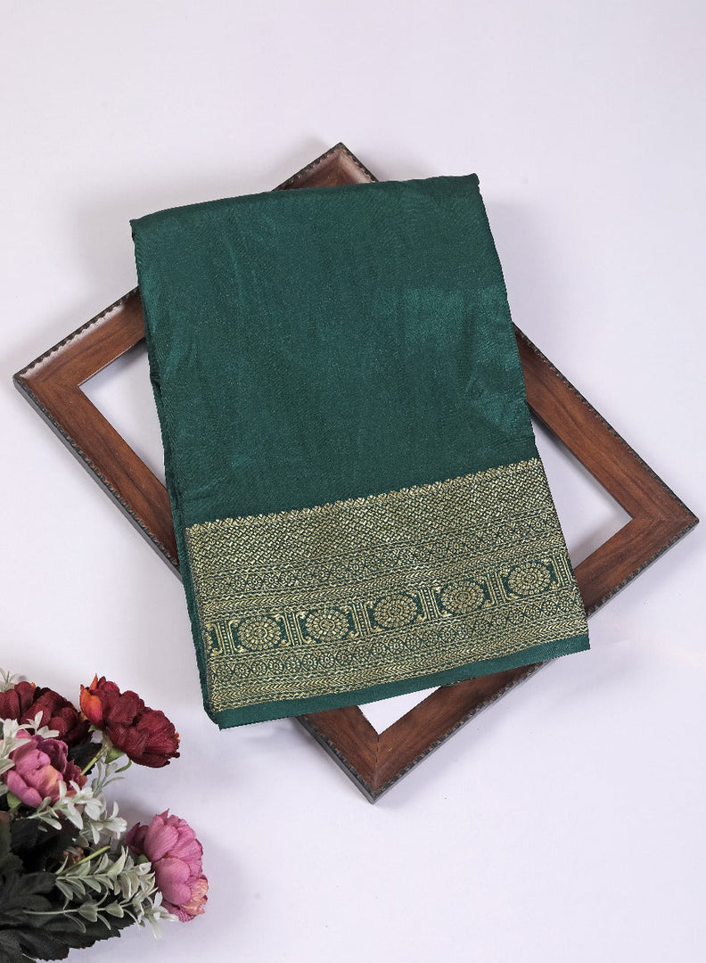 Soft Silk Dark Green Saree With Golden Crepe Zari Weave