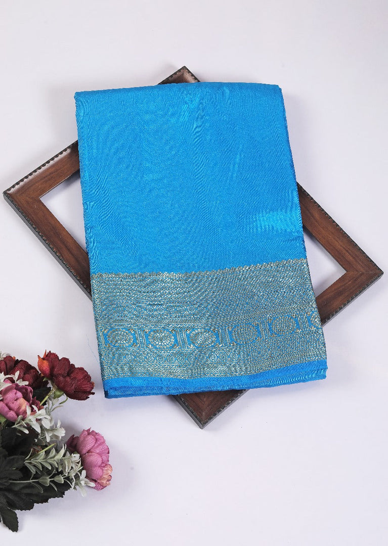Elegant Sky Blue Mysore Silk Saree With Golden Zari Work