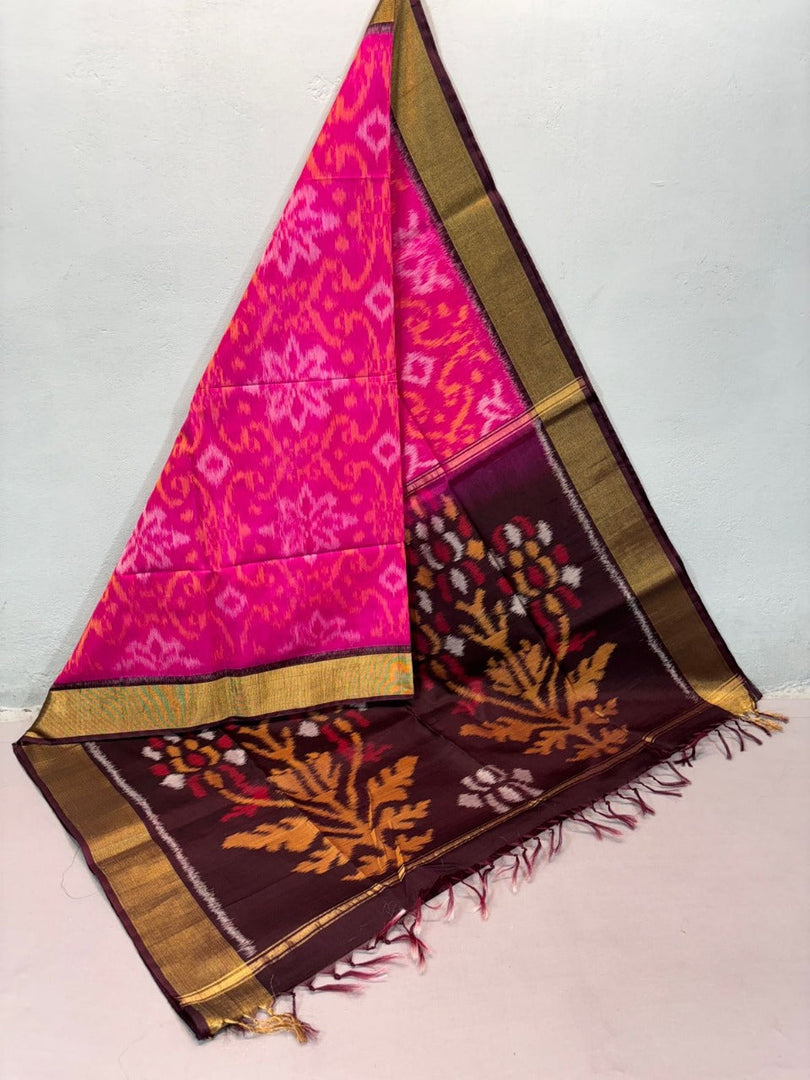 Authentic Handloom Silk Saree In Rani With Ikkat Print Design