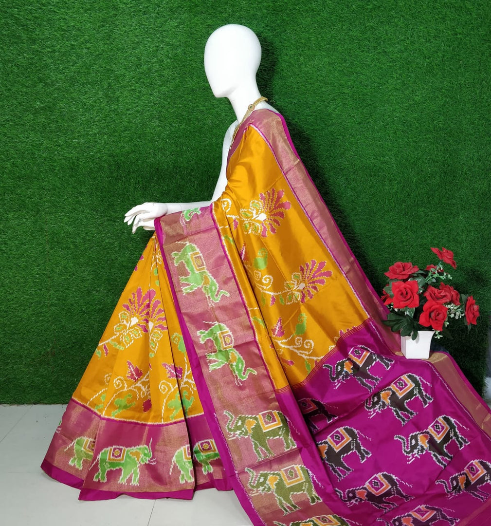 Orange Ikkat Silk Saree Authentic Handloom Weave For Festivals
