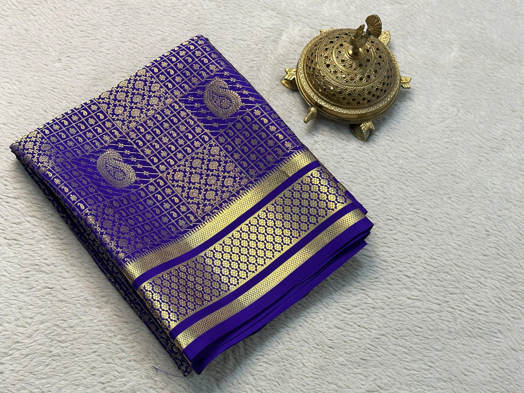 Lustrous Blue Brocade Soft Silk Saree Pure Mysore Zari Weave