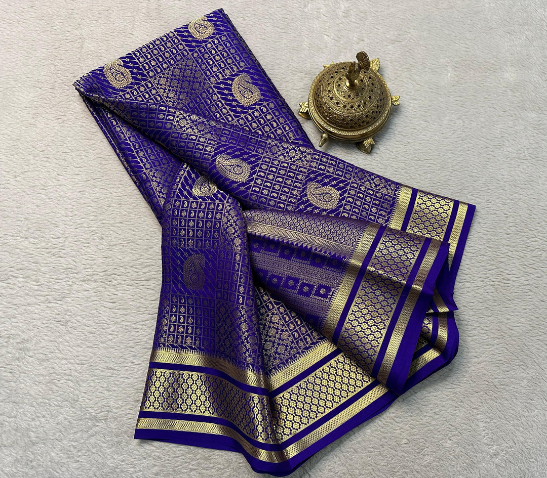 Lustrous Blue Brocade Soft Silk Saree Pure Mysore Zari Weave