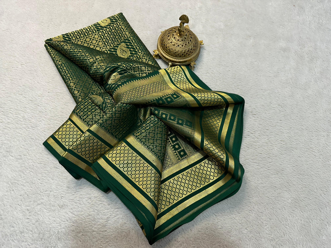 Wrap Yourself in Royalty: Exclusive Pure Brocade Mysore Silk Sarees in Bottle Green