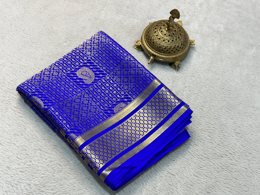 Royal Blue Pure Mysore Silk Saree Traditional Brocade And Zari Design