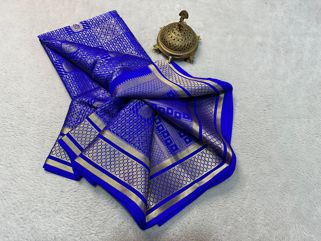 Royal Blue Pure Mysore Silk Saree Traditional Brocade And Zari Design