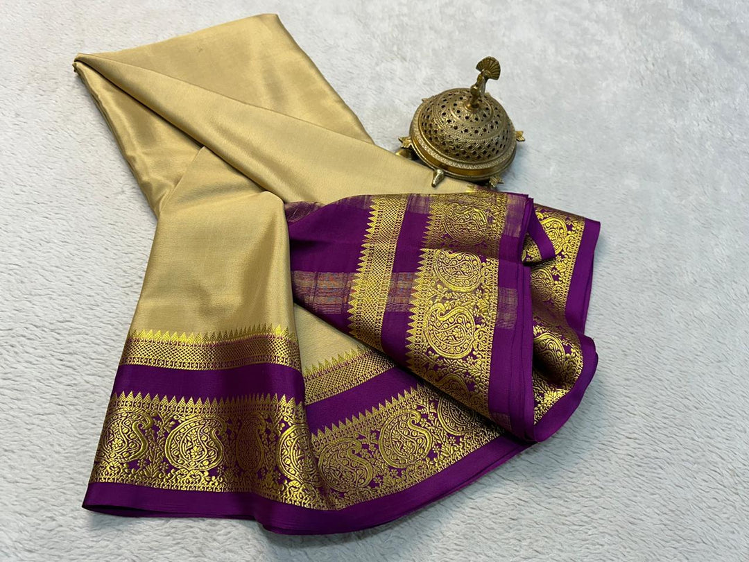 Regal Off White Pure Mysore Soft Silk Saree With Zari Brocade Work