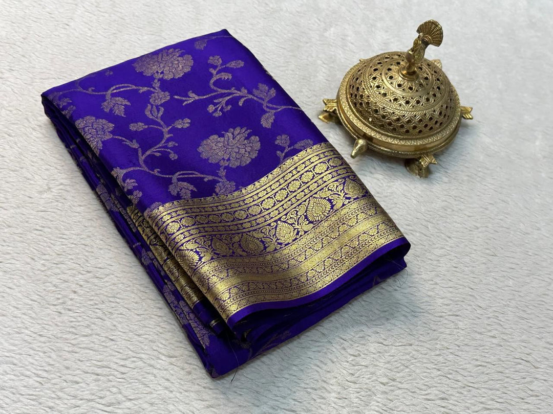 Elegant Multicolour Brocade Mysore Soft Silk Saree Zari Work With Unstitched Blouse Piece