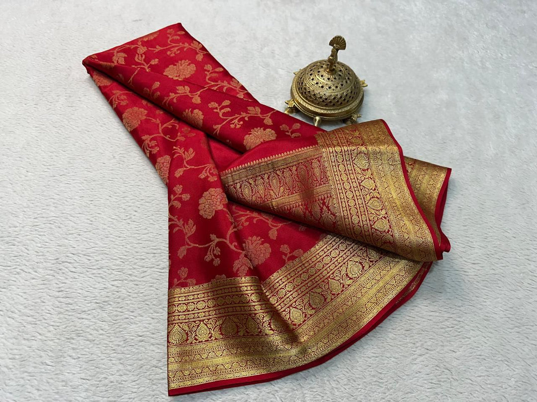 Elegant Multicolour Brocade Mysore Soft Silk Saree Zari Work With Unstitched Blouse Piece