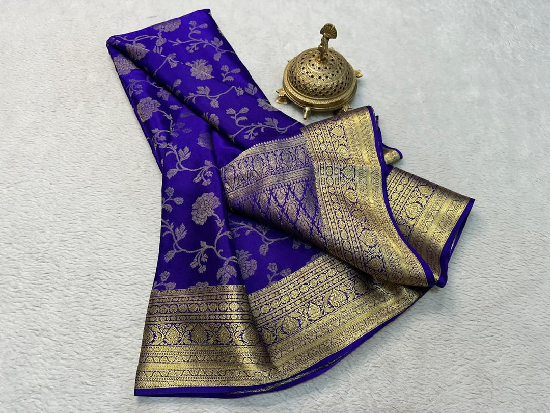 Elegant Multicolour Brocade Mysore Soft Silk Saree Zari Work With Unstitched Blouse Piece