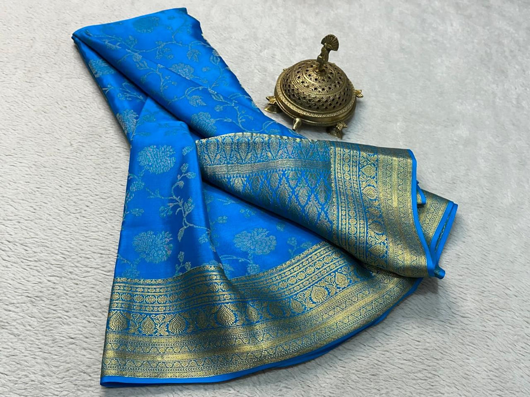 Elegant Multicolour Brocade Mysore Soft Silk Saree Zari Work With Unstitched Blouse Piece