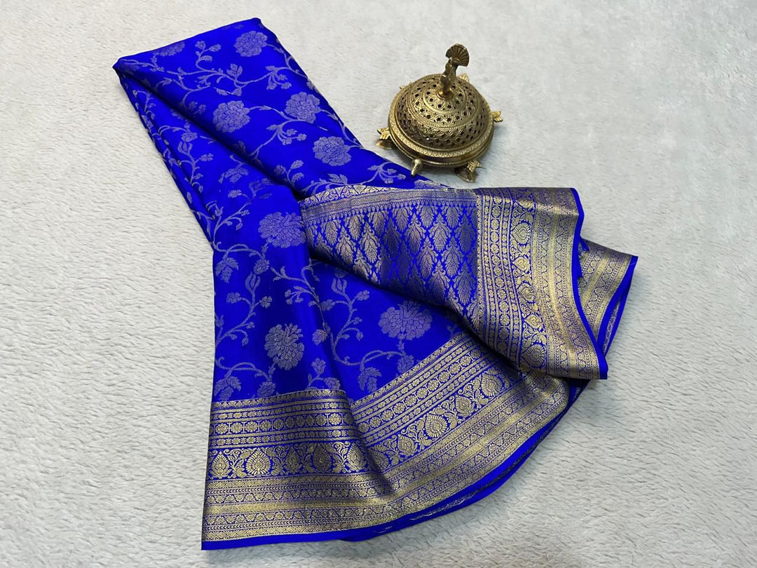Elegant Multicolour Brocade Mysore Soft Silk Saree Zari Work With Unstitched Blouse Piece