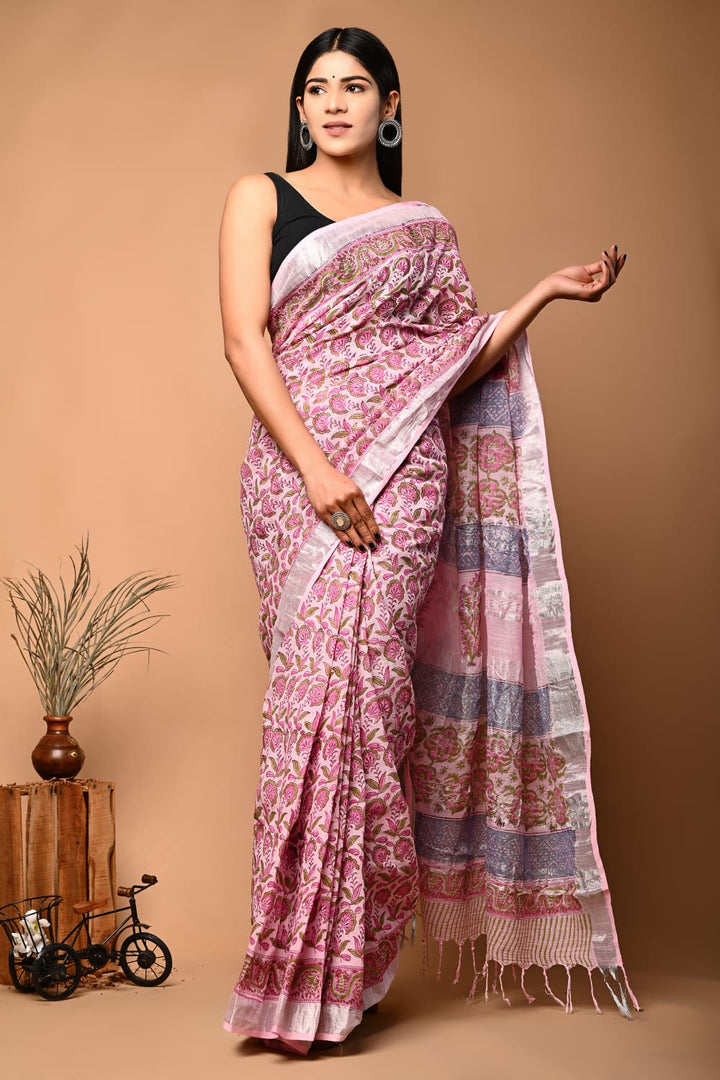 Classic Linen Saree Pure Fabric With Printed Motifs And Zari Trim