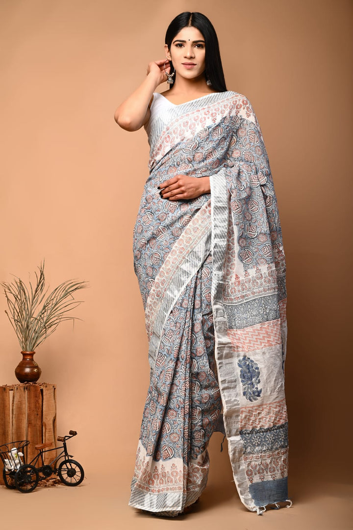 Office Wear Linen Saree Zari Border And Printed Detailing