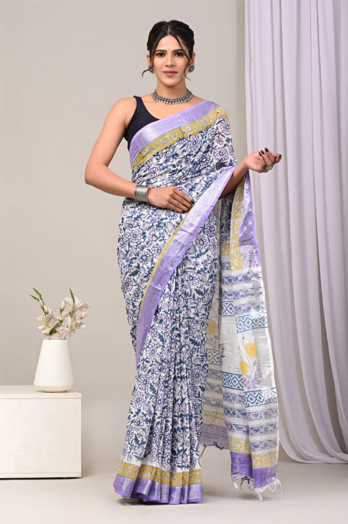 Soft Linen Saree Everyday Printed Saree With Elegant Zari Work