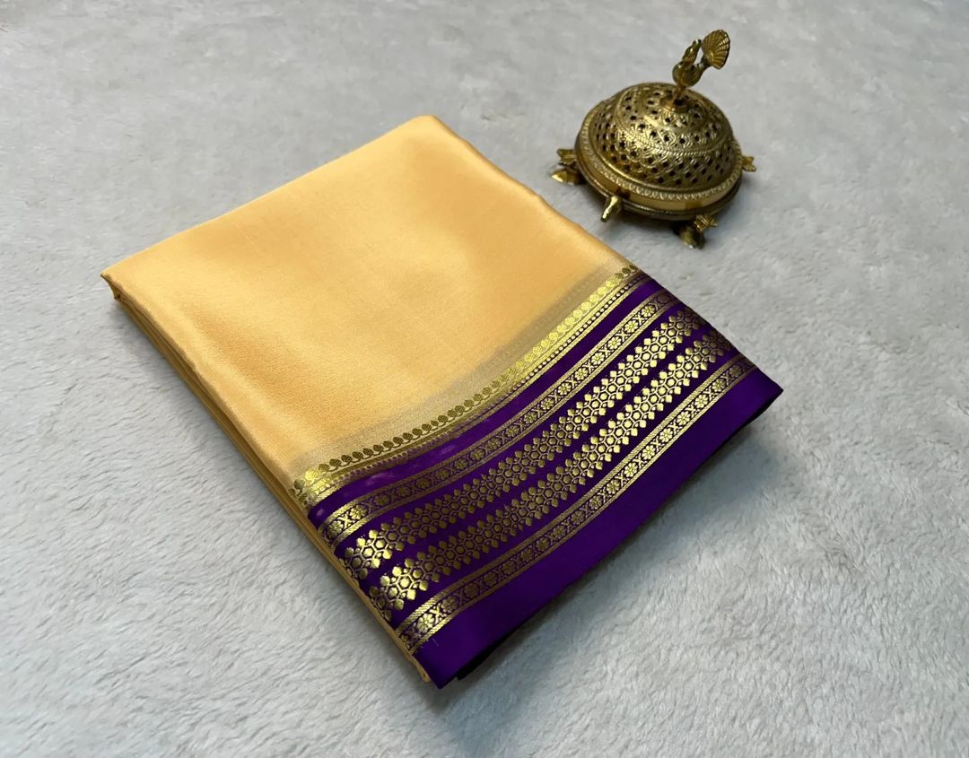 🥰Exclusive  Zari Border Beige Colour Plain Mysore Silk Saree.🥰