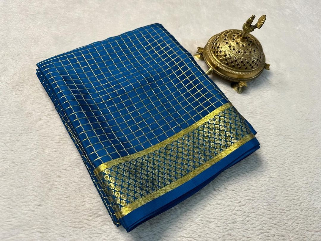 Plain Crepe Mysore Silk Saree In Blue Stylish Zari Border For Festive Wear