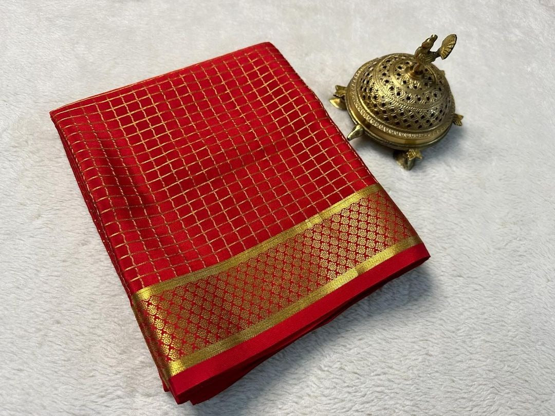 Zari Border Mysore Silk Saree In Red Plain Crepe Style For Sangeet Functions