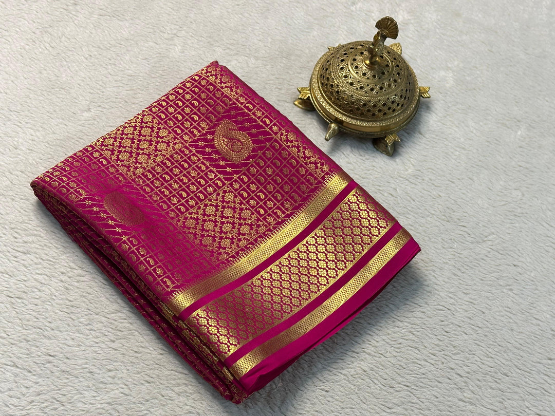 Traditional Dark pink Brocade Mysore Silk Saree Soft And Zari Woven
